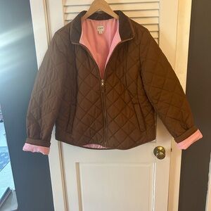 J. Crew Brown Quilted Puffer Jacket with Pink Lining